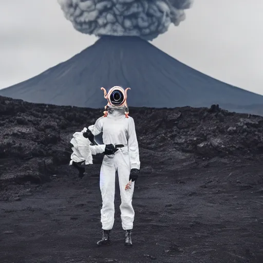 Image similar to woman with white suit with a dragon, she wear red eyed gasmask, in volcano, standing close to volcano, fire raining, professional photography, black and white, cinematic, eerie