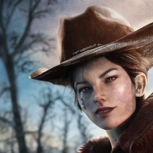 Image similar to fallout 5, charismatic beautiful, rugged, brunette female protagonist wearing a cowboy - hat, portrait, outdoors ruined cityscape, atmospheric lighting, painted, intricate, volumetric lighting, beautiful, daytime, harsh winter weather, sharp focus, deep colours, ultra detailed, by leesha hannigan, ross tran, thierry doizon, kai carpenter, ignacio fernandez rios