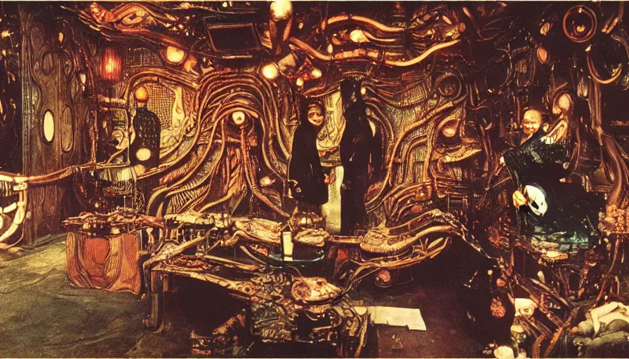 Image similar to an autochrome of a sci - fi 1 9 0 0's opium den with living, fleshy cronenberg walls, filmset interior of alien, designed by gustav klimt, octane renderer