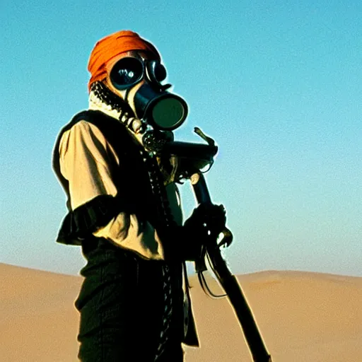 Image similar to a pirate wearing a gasmask, in the desert, film still, arriflex 3 5