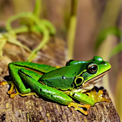 Image similar to green - eyed frog, eating dragonflies in the sky, sunny day, golden hour,