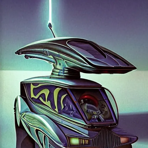 Prompt: retrofuturist car looking like an evangelion bot. vintage science fiction. cinematic sci - fi scene. science fiction lightning. symmetry. accurate anatomy. science fiction theme. brutalism. intricate detail. epic. retrofuturism. surrealism. intimidating. retrofuturism. art by john singer sargent - akira toriyama - keith parkinson - joaquin sorolla - kev walker