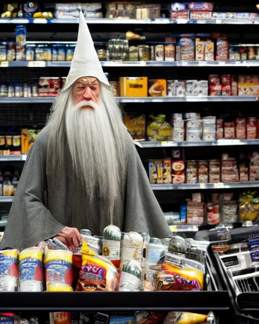 Image similar to gandalf wearing a wizard hat, stacking supermarket shelves, cinematic lighting, gloomy, depressing