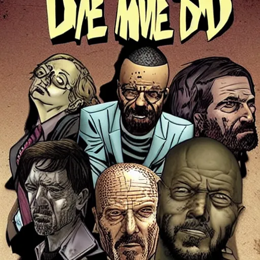 Prompt: “the walking dead comic cover featuring the cast of breaking bad in the style of Glenn Fabry.”
