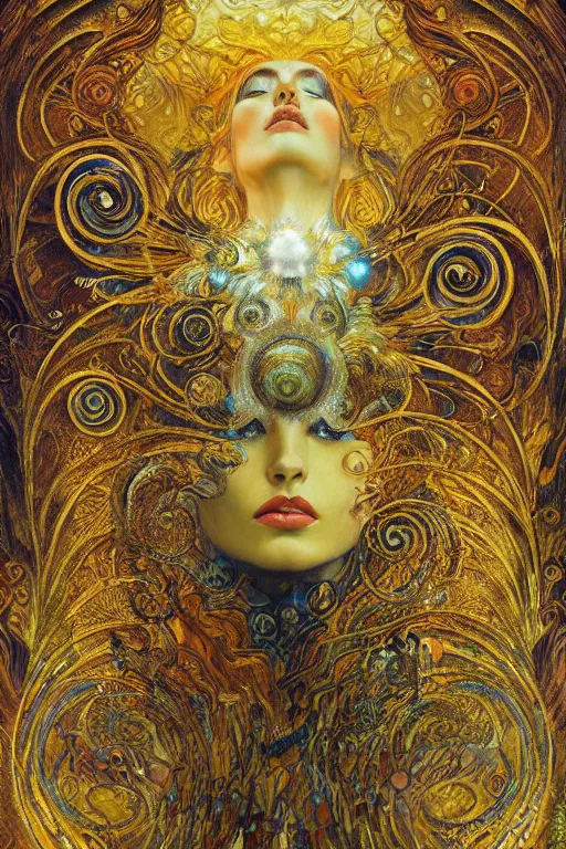 Image similar to Visions of Paradise by Karol Bak, Jean Deville, Gustav Klimt, and Vincent Van Gogh, visionary, otherworldly, fractal structures, ornate gilded medieval icon, third eye, spirals, heavenly spiraling clouds with godrays, airy colors, feathery wings