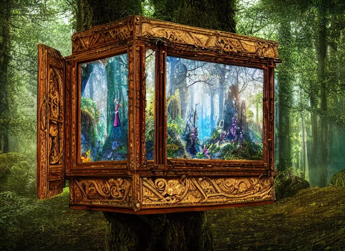 Prompt: photo of a glass box with a magical kingdom inside, in the forest. Fantasy magic style. Highly detailed 8k. Intricate. Nikon d850 55mm. Award winning photography.