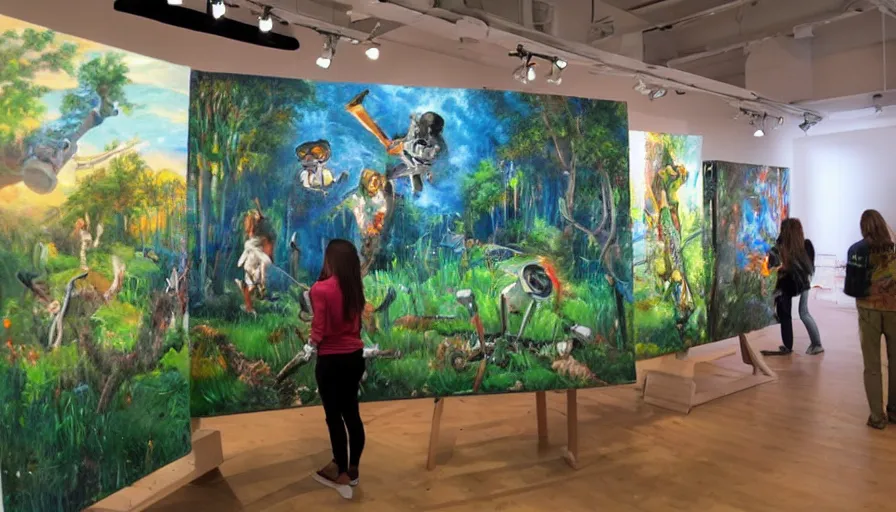 Image similar to art gallery full of humanoid robots painting nature scenes on canvases