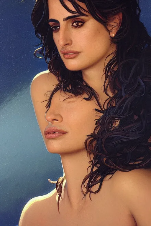 Prompt: a beautiful close-up portrait of penelope cruz, dramatic backlighting, golden hour, autochrome, high contrast, highly detailed, sharp focus, digital painting, concept art, illustration, filmpunk , trending on artstation, art by greg rutkowski and greg hildebrandt, composition by alphonse mucha