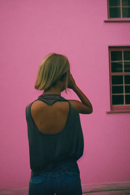 Prompt: photography, close-up of woman from behind looking at weird pink house, daylight, 35mm