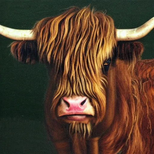 Image similar to oil portrait painting by hans holbein the elder of a highland cow.