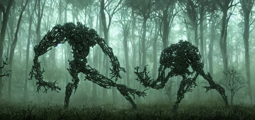 Image similar to a complex organic fractal 3 d metallic symbiotic ceramic humanoid megastructure creature in a swampy lush forest, foggy, cinematic shot, photo still from movie by denis villeneuve, manga style by junji ito