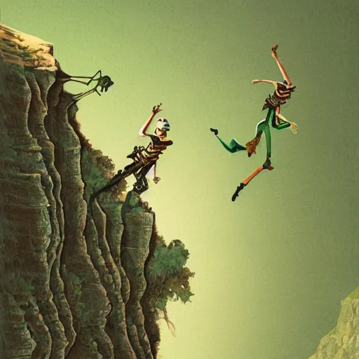 Prompt: green leaping skeletons over a canyon