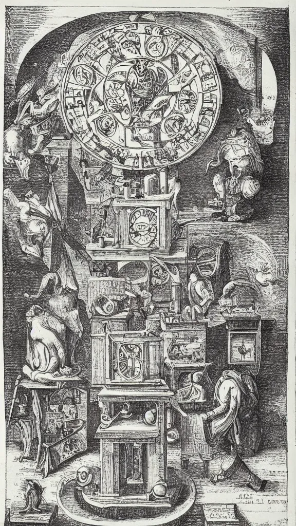 Image similar to esoteric etching print of an alchemists laboratory, amphitheatrum sapientiae aeternae, 1 5 9 5, kodachrome photo