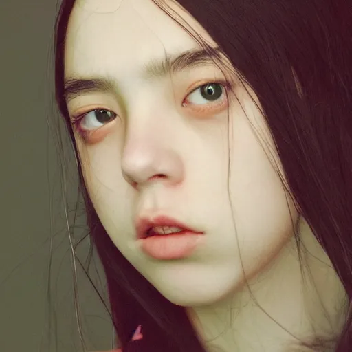 Prompt: a masterpiece portrait photo of a beautiful young woman who looks like a korean billie eilish