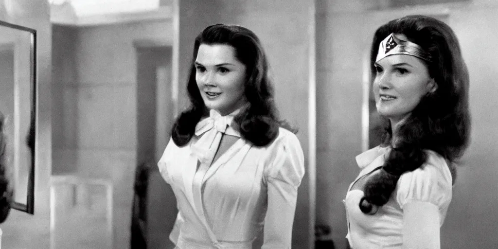 Image similar to ultra wide angle photo of young linda carter dressed in a white blouse and black dress pants as diana prince looking at herself in a bathroom mirror and seeing her reflection as wonder woman