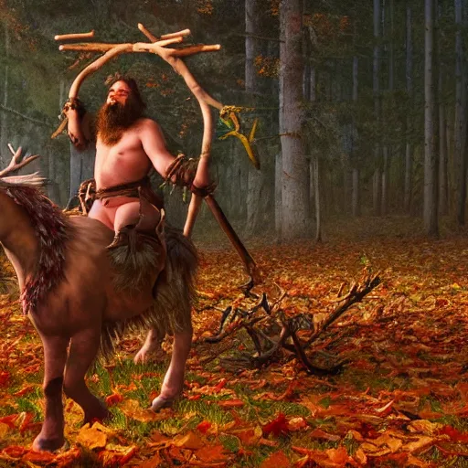 Prompt: intoxicated overweight shirtless hippie warrior wearing twigs and leaves smiling sheepishly, riding tiny scuffy donkey with novelty oversized antlers, autumn forest, highly detailed, dramatic lighting, night time, cinematic, hyperrealistic, detailed, movie still from game of thrones