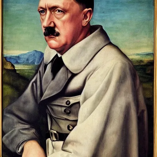 Image similar to ‘Portrait of Adolf Hitler in womens clothes, renaissance painting’