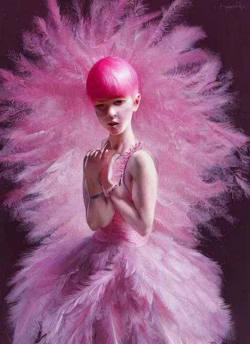 Prompt: beautiful little girl with an pink eccentric haircut wearing an dress made of feathers dancing on stage, artwork made by ilya kuvshinov, inspired in donato giancola, hd, ultra realistic, reflection, stage