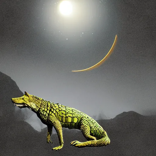 Image similar to photoshop of wolf with reptile scales instead of fur, a crocodile tail replacing the wolve's tail, photorealistic, yellowish moon overlooking misty swamp