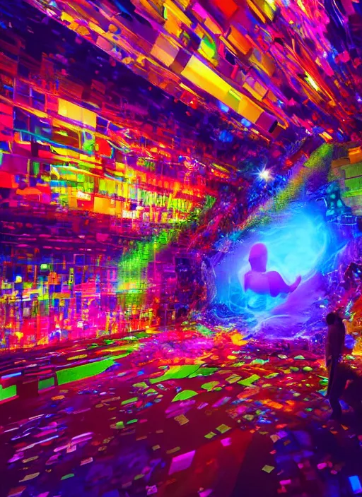 Image similar to cinematic shot cyberspace of creativity, very large floating holographic videos, hyper realistic, mood lighting, fantasy, detailed happy people creating colorful diverse art, highly detailed, super realistic, perfect lighting pixel sorting, style sheet