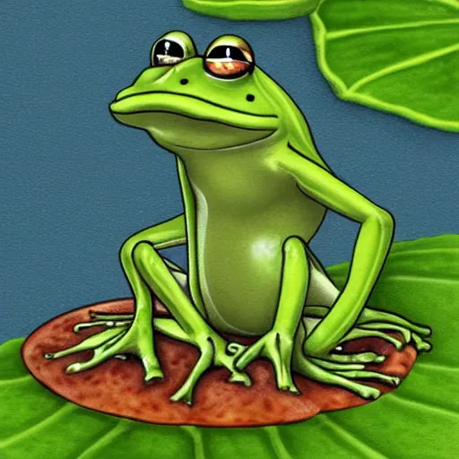 Prompt: cartoon frog sitting on lily pad, cute, digital art, cartoon