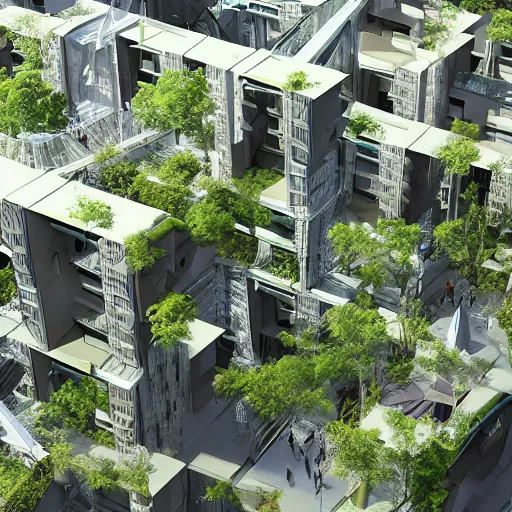 Image similar to origami architecture of a futuristc housing complex, crowded public space, a lot of trees and vegetation, full of sunlight, neighbourhood scale