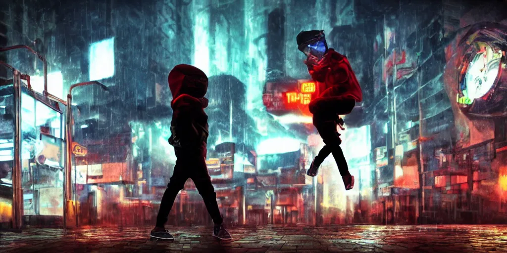 Image similar to cinematic shots of teenagers with tech clothing and hoods and futuristic gas masks making parkour on a dystopian city, neon lights, sci - fi, night lights, rain and haze, concept art, intricate, in the style of katsuhiro otomo, akira, unreal engine