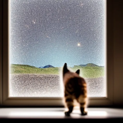 Prompt: cat watching a martian landscape from inside a window, standing in the floor next to a bowl with cat food