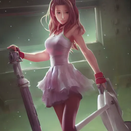 Prompt: full body shot of aerith ff7 by wlop, rossdraws, mingchen shen, bangkuart, sakimichan, yan gisuka, jeongseok lee, artstation, 4k