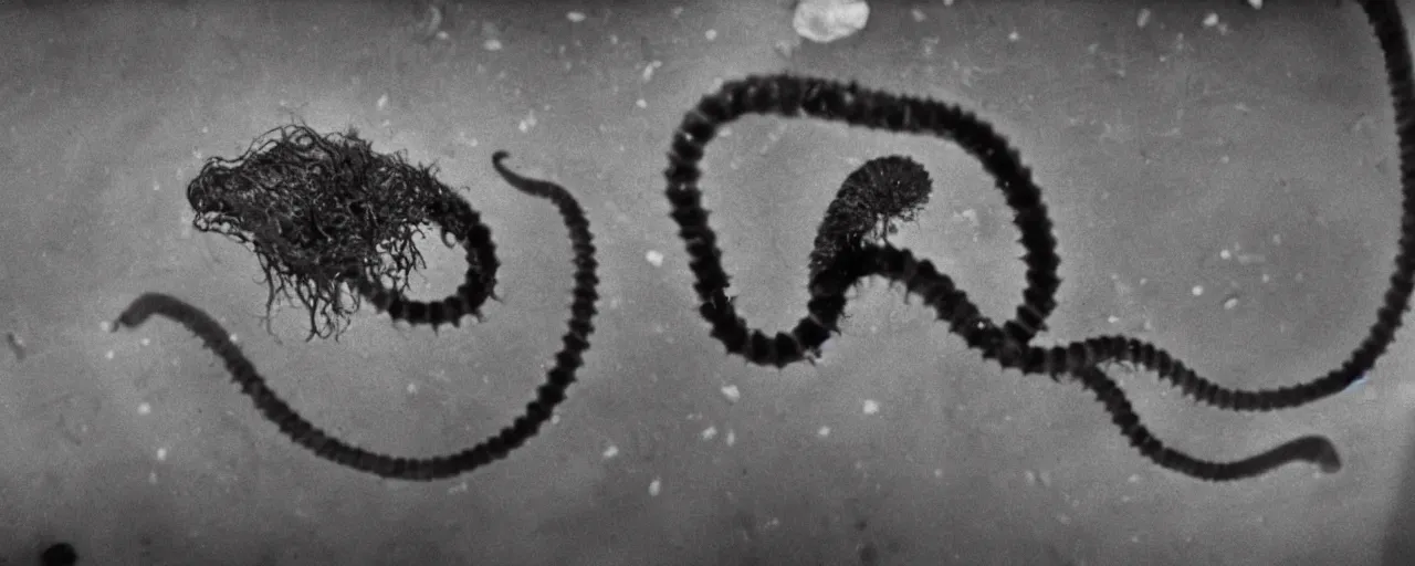 Prompt: a depth of field closeup top view movie like color photograph of a carivorous shape shifting organism chimera between a nematodes, decapodiformes & hydra leaping into the toilet of a 1 9 8 2 science lab bathroom