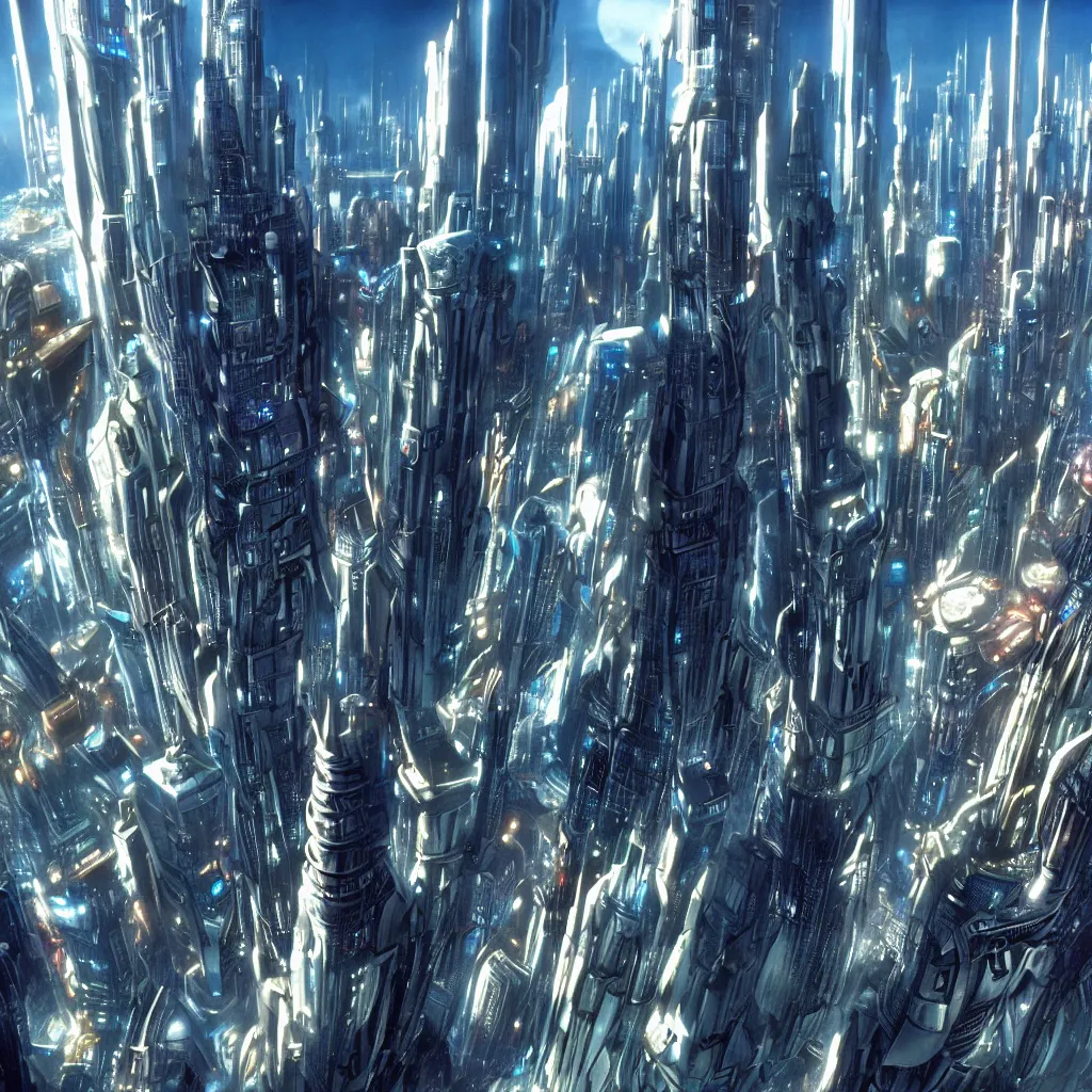 Prompt: futuristic city view from movie the fifth element 1 9 9 7, skyscrapers and flying cars, panoramic, perspective