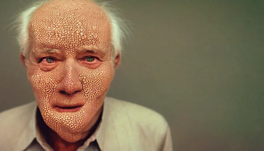 Image similar to 7 0 s movie still of a old man with trypophobia skin, cinestill 8 0 0 t 3 5 mm eastmancolor, heavy grain, high quality, high detail