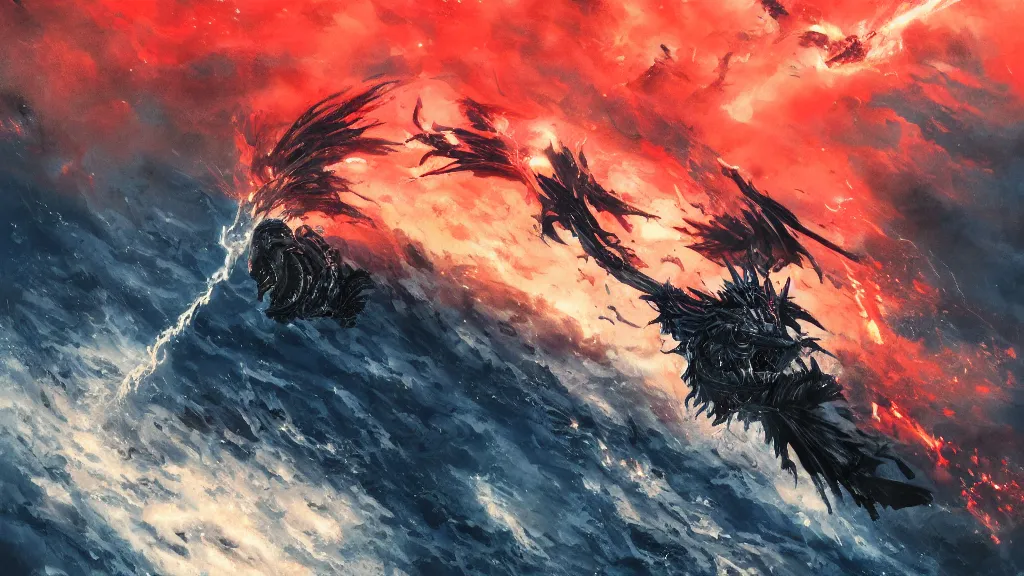 Prompt: Levi Ackerman in Prussian blue heavy knight armour fight with black dragon over the roaring scarlet red shore close to the ocean, speedy wind atmosphere, burst dust and fire, epic, Precise and thick, draw by Art station artist Anato Finnstark, aerial view, halfrear lighting, cinematic lighting