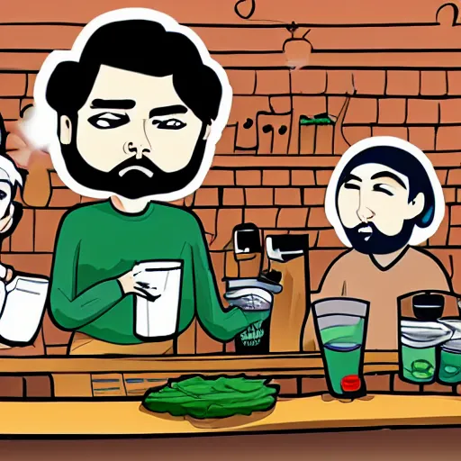 Prompt: cartoon fun drawing of australian cannabis baristas