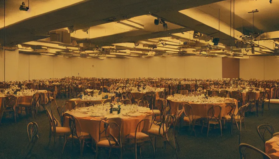 Image similar to 70s movie still of a wide ballroom and a high ceiling, cinestill 800t Technicolor, heavy grain, high quality, criterion collection, liminal space style