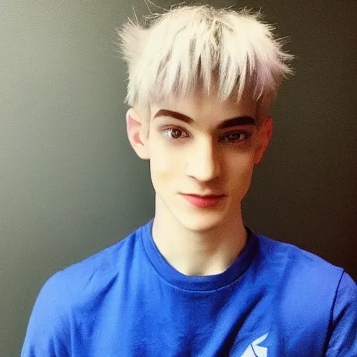 Prompt: “a realistic detailed photo of a guy who is an attractive humanoid who is half robot and half humanoid, who is a male android, twitch streamer Ninja Tyler Blevins, shiny skin, posing like a statue, blank stare, gaming room, blue hair”