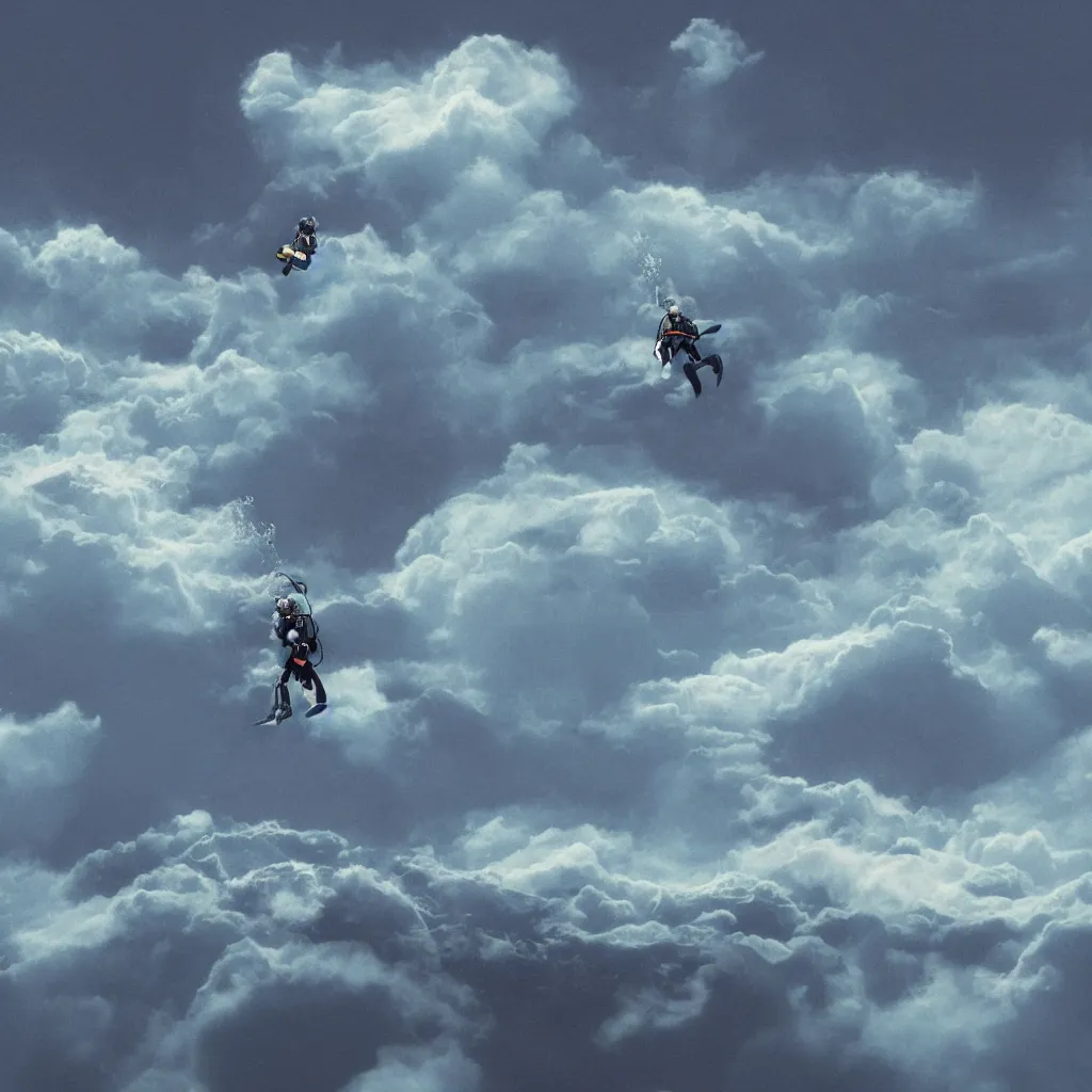 Prompt: a scubadiver floating above the clouds, digital illustration