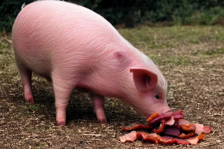 Prompt: a pig eating bacon