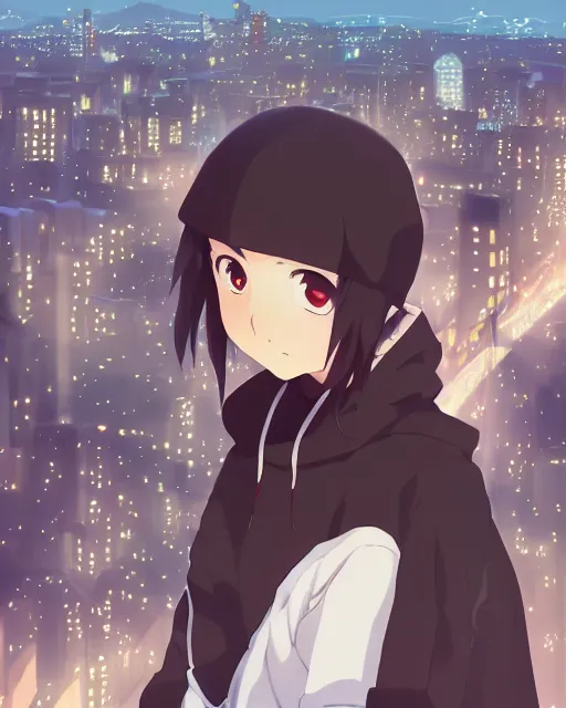 Image similar to anime visual, portrait of a young black haired girl wearing hoodie sightseeing above the city, guardrail, cute face by yoh yoshinari, katsura masakazu, dramatic lighting, dynamic pose, dynamic perspective, strong silhouette, ilya kuvshinov, anime cels, rounded eyes, moody