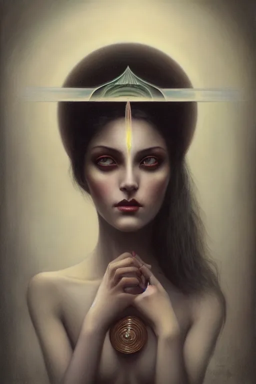 Image similar to a woman with a third eye, painting by tom bagshaw