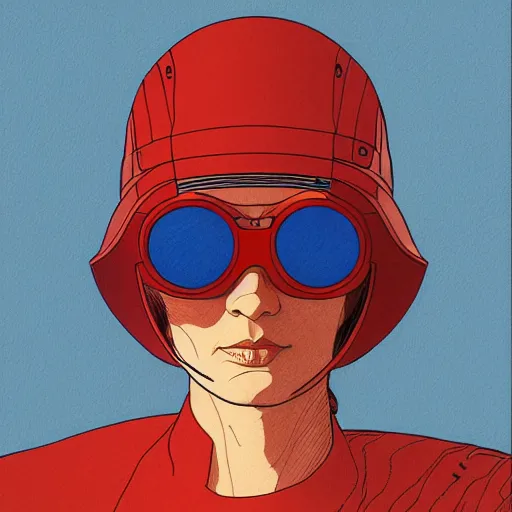 Prompt: woman wearing loose aviator helmet and googles, drawn by jean giraud and moebius, red tones, detailed drawing, flat colors