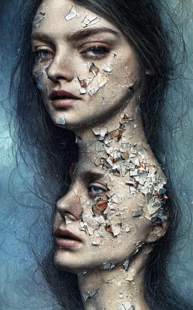 Prompt: a stunning detailed portrait, shards of the afternoon falling down like broken stained glass
