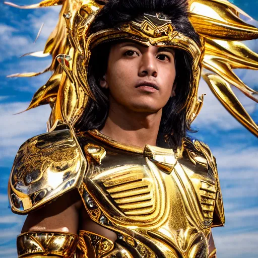 Image similar to A radiant, extreme long shot, photo of a 27-year-old Mexican male wearing the Scorpio Gold Armor, Beautiful gold Saint, Jaw-Dropping Beauty, gracious, aesthetically pleasing, dramatic eyes, intense stare, immense cosmic aura, from Knights of the Zodiac Saint Seiya, inside the Old Temple of Athena Greece,4k high resolution, Detailed photo, attention to detail, hyper detailed, ultra detailed, octane render, arnold render, Photoshopped, Award Winning Photo, groundbreaking, Deep depth of field, f/22, 35mm, make all elements sharp, at golden hour, Light Academia aesthetic, Socialist realism, by Annie Leibovitz