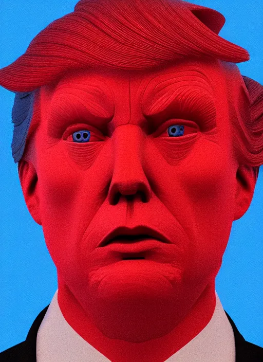 Prompt: a close up of red donald trumps face with blue eyes, an album cover by jacob toorenvliet, featured on behance, cubo - futurism, rendered in cinema 4 d, sketchfab, rendered in maya, red shift, synthwave, by enguerrand quarton, by alesso baldovinetti, 3 d render, holography,