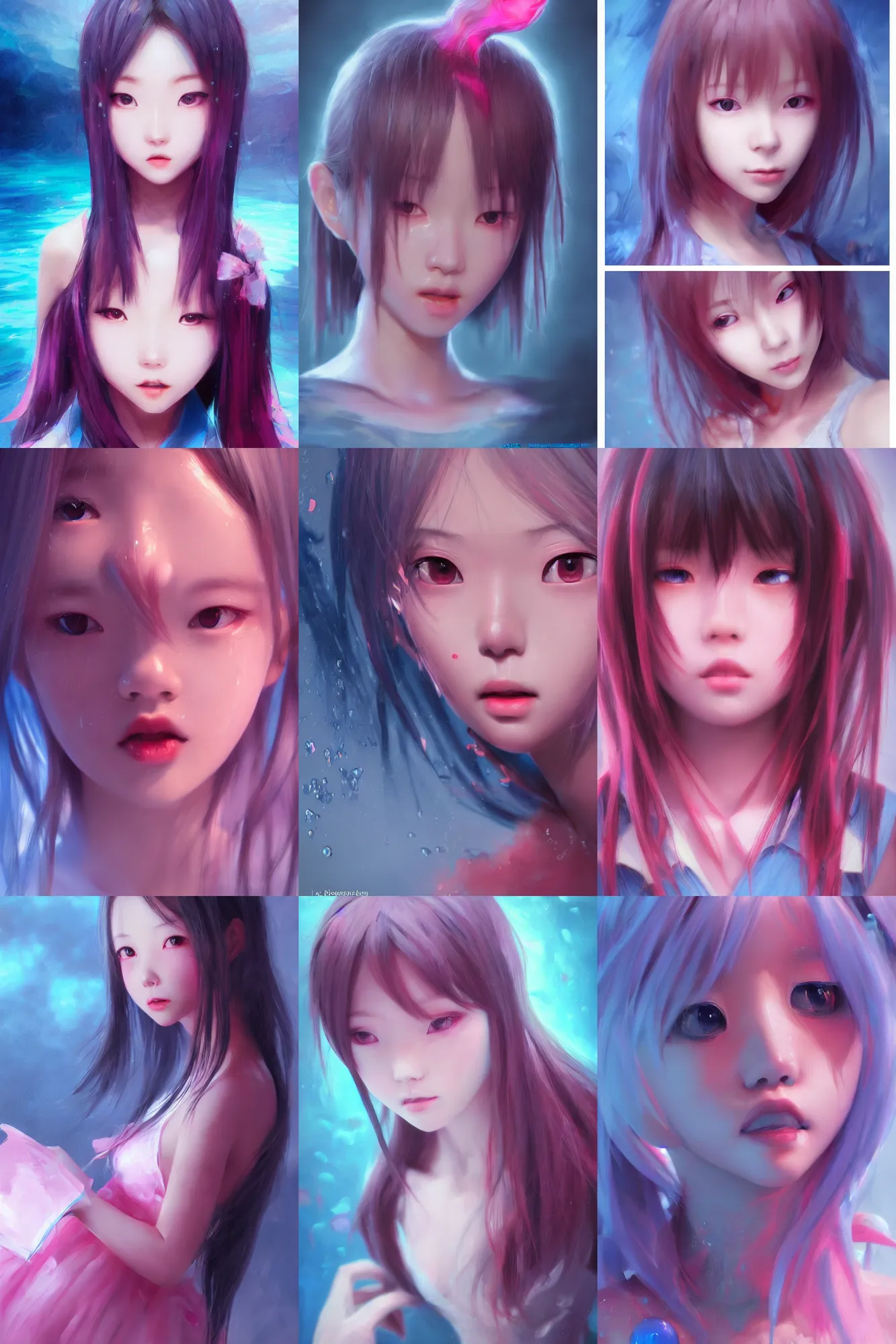 Prompt: 3d dark infrared octane render concept art by D. Jun, by Mo Xiang Tong Xiu, by Igarashi Daisuke, cute beauty medium portrait anime schoolgirl under dark pink and blue water. beautiful wet cutest face. dramatic deep light, trending on artstation, oil painting brush