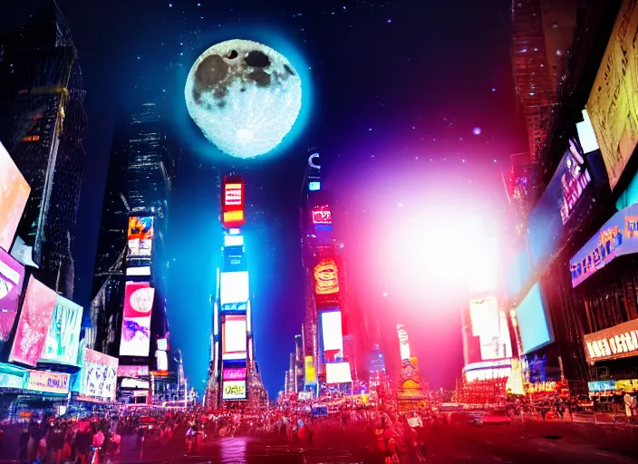 Image similar to film still of the moon shattering into pieces exploding moon over time square in the new disaster, 8 k, night time