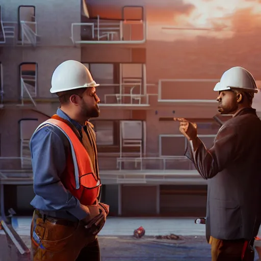 Image similar to Award-winning photograph of an office worker arguing with a construction worker about pipes with an apartment complex on the background, god rays, cinematic, 8k, Unreal Engine render