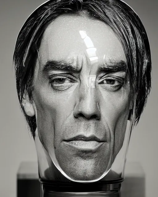 Prompt: a clear glass sculpture in the shape of iggy pop's head, half - filled with sodapop