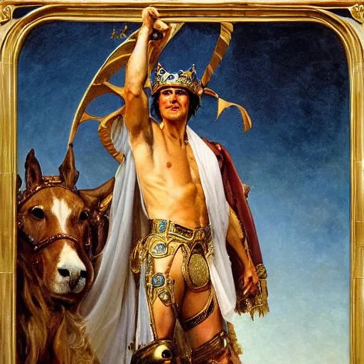 Prompt: tom cruise wearing a golden crown after overcoming his fear or death, standing above a cheering crowd, highly detailed painting by gaston bussiere and j. c. leyendecker 8 k