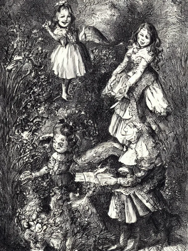 Prompt: Tenniel illustration portrait of Alice smiling happily